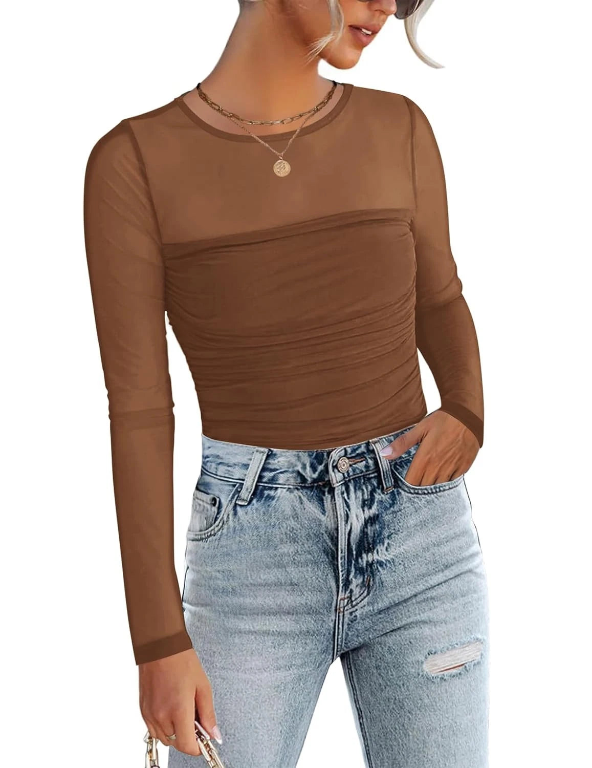 Women's Long Sleeve Sheer Mesh Blouse for Fall Fashion