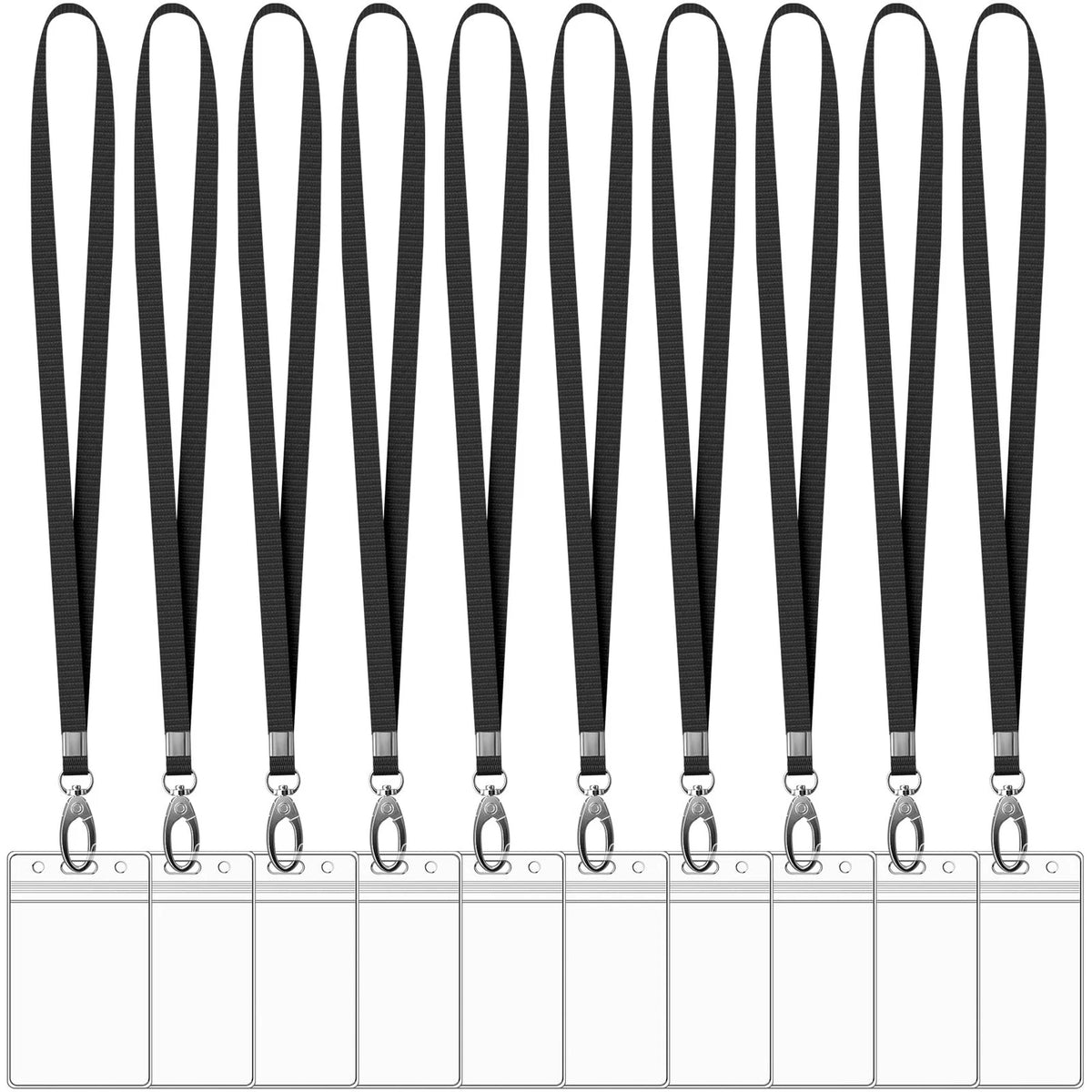 Pack of 10 Waterproof Vertical ID Badge Holder Lanyards - Black
