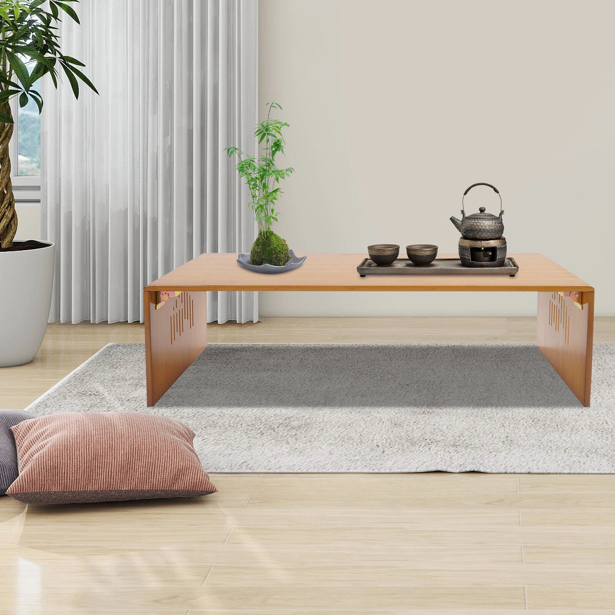 Rectangular Bamboo Folding Coffee Table for Home (No Assembly Required)
