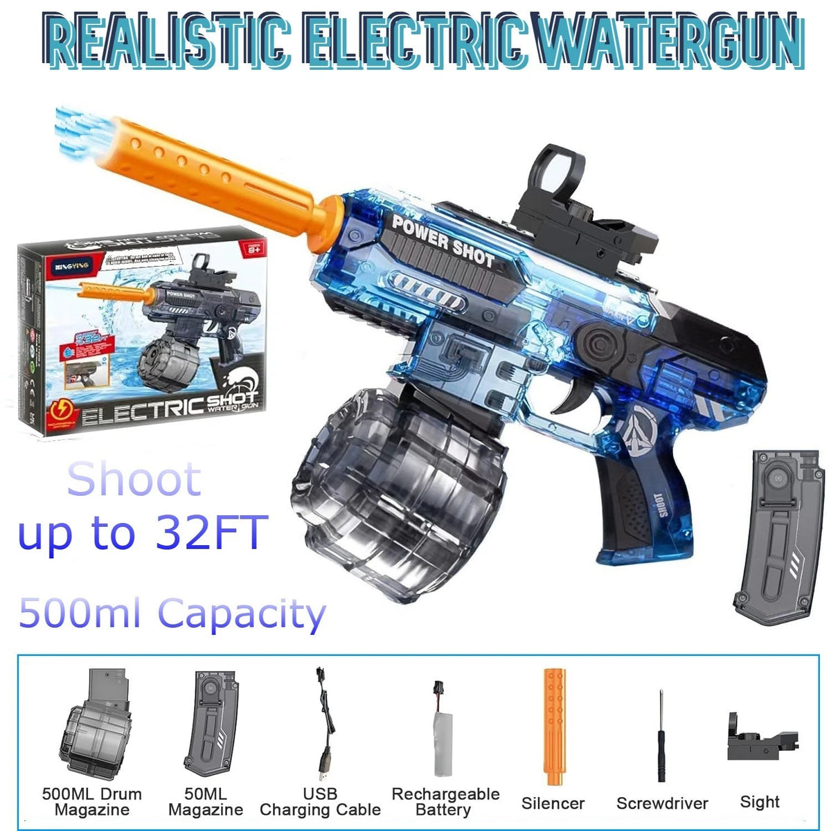 Electric Water Gun for Realistic High-Powered Squirt Gun (32ft)