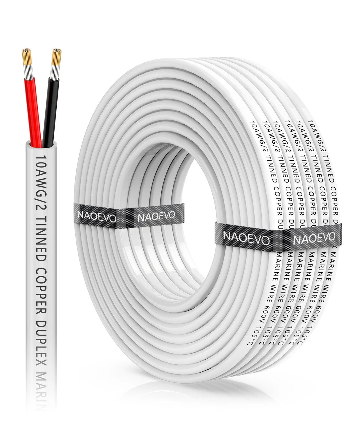 10 AWG Marine Wire Duplex for NAOEVO (30ft, Stranded PVC, White)