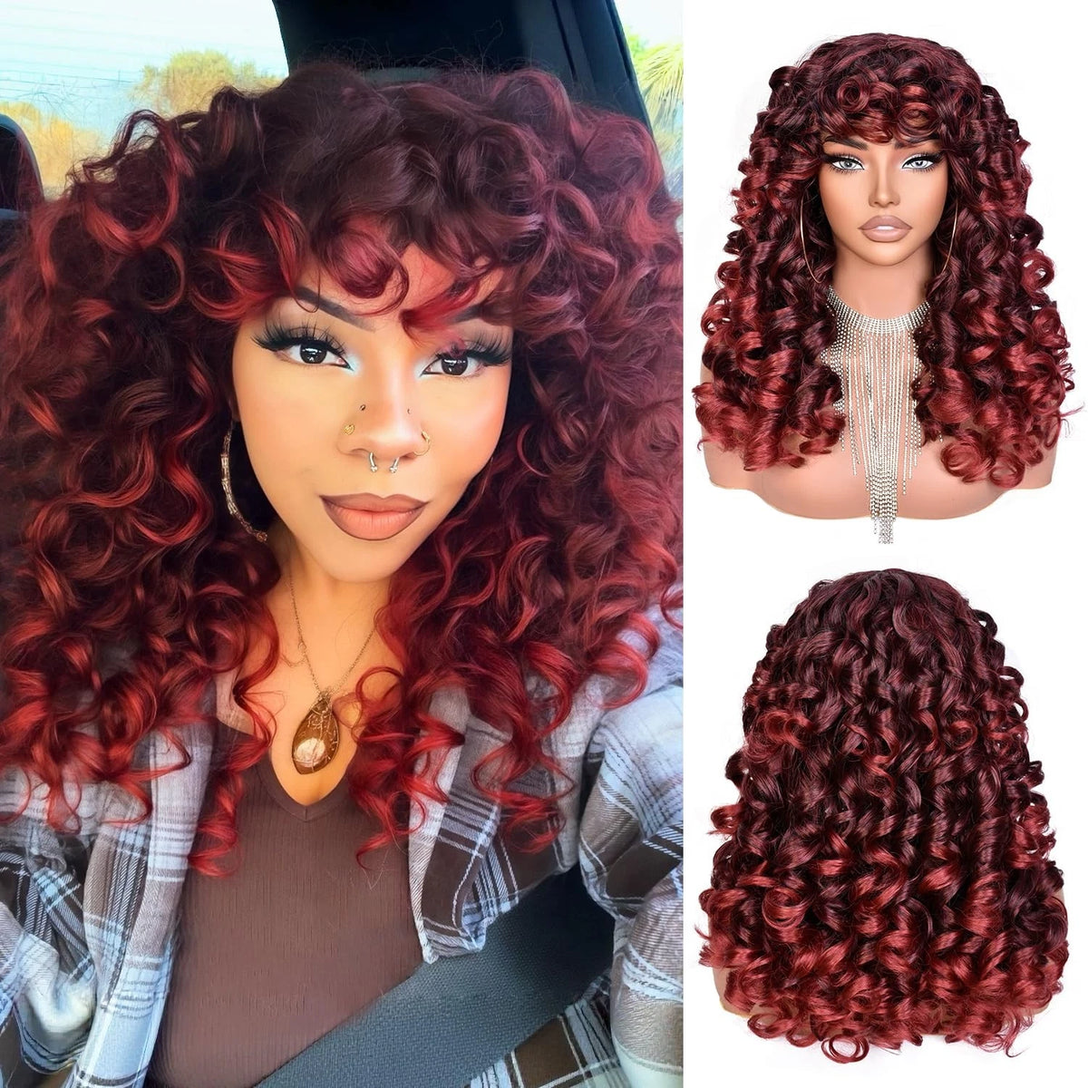 Curly Wig with Bangs for Black Women (Ombre Red)