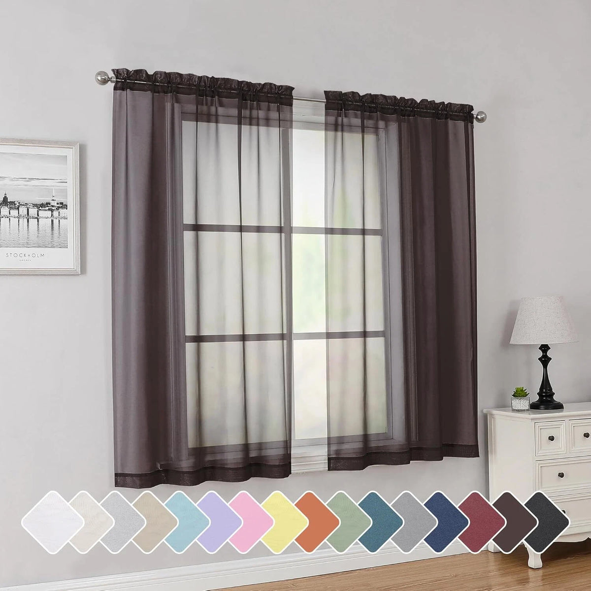 Set of 2 Chocolate Short Sheer Curtains 45 Inch for Small Windows