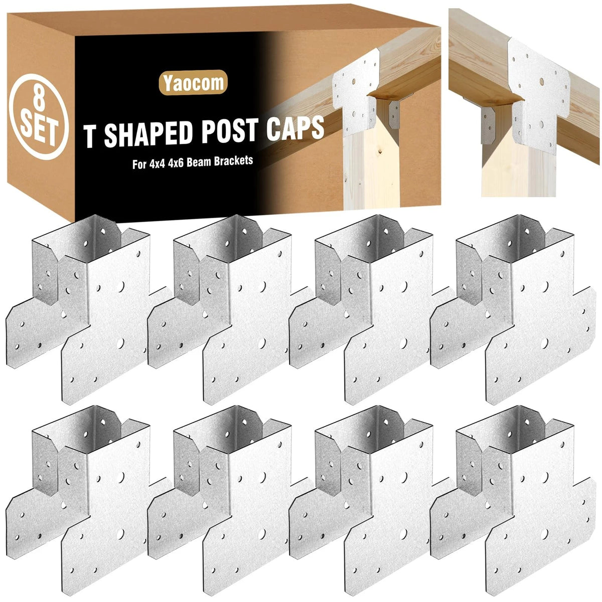 Set of 8 T Shaped Post Bracket Caps for 4x4 4x6 Beams Silver