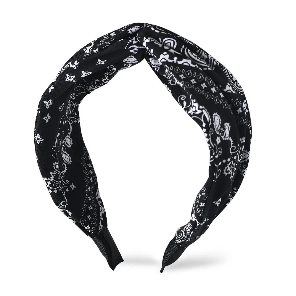 Set of 2 Boho Black Paisley Knotted Headbands - Wide Twisted Knot