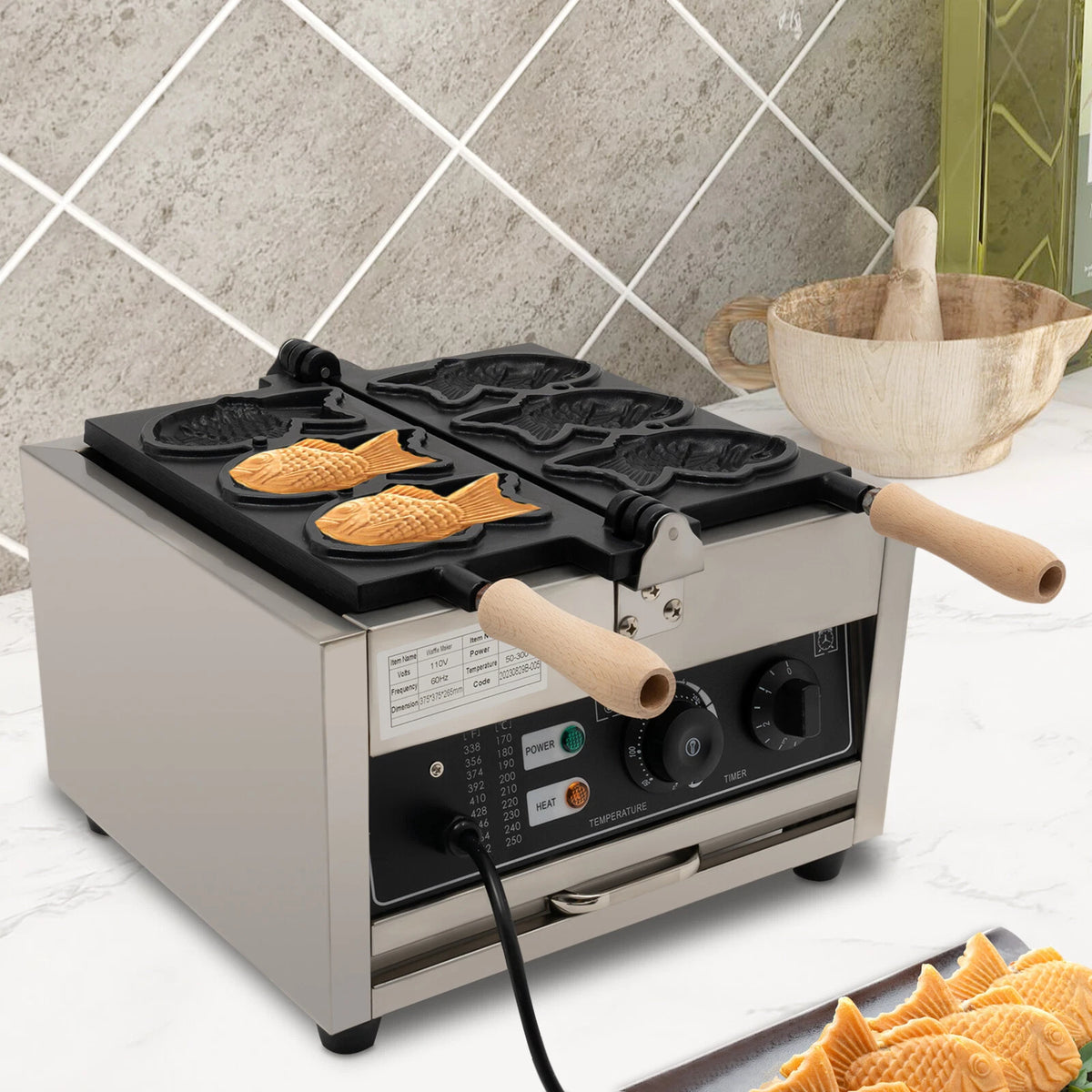 1500W Commercial Waffle Maker for Electric Taiyaki (Nonstick, 3 Grid)