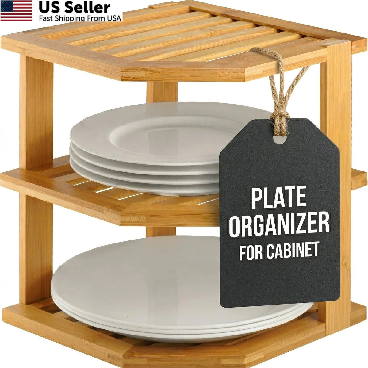 3-Tier Bamboo Corner Plate Organizer (10 x 10 x 9.5 in)