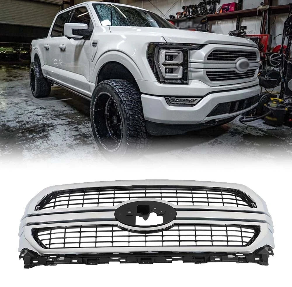 Front Upper Grille for Ford F-150 (2021–2022) Silver Black Mesh