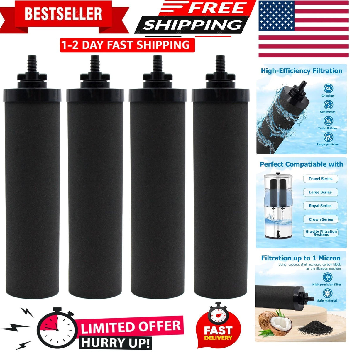 Pack of 4 Activated Carbon Filters for Berkey BB9-2