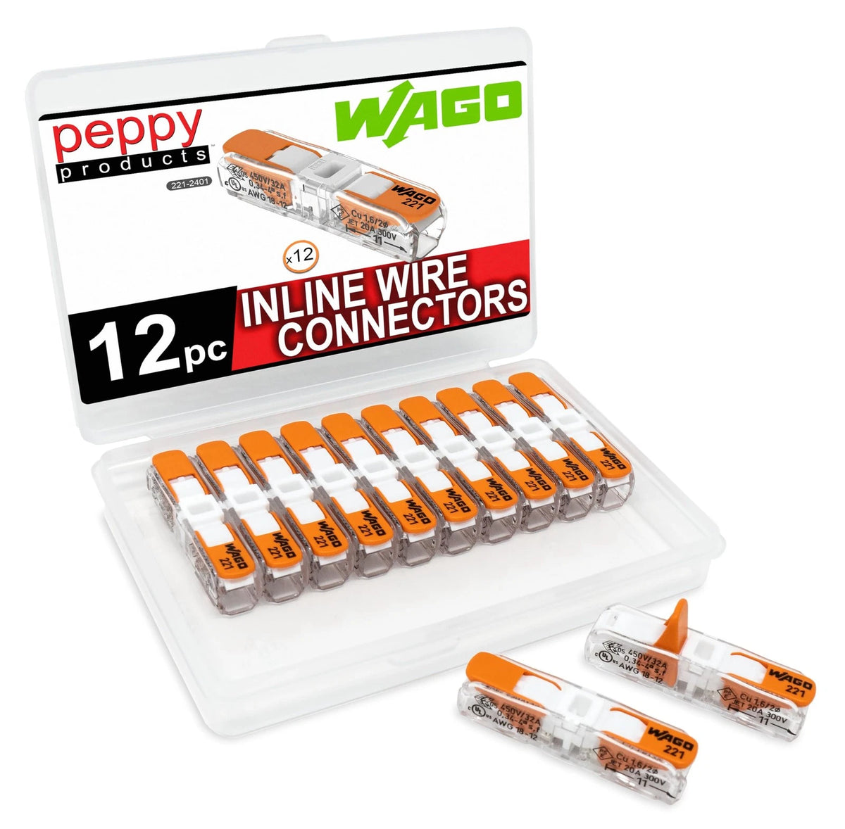 Set of 12 WAGO 221-2401 Lever Nuts Inline Wire Connectors with Case