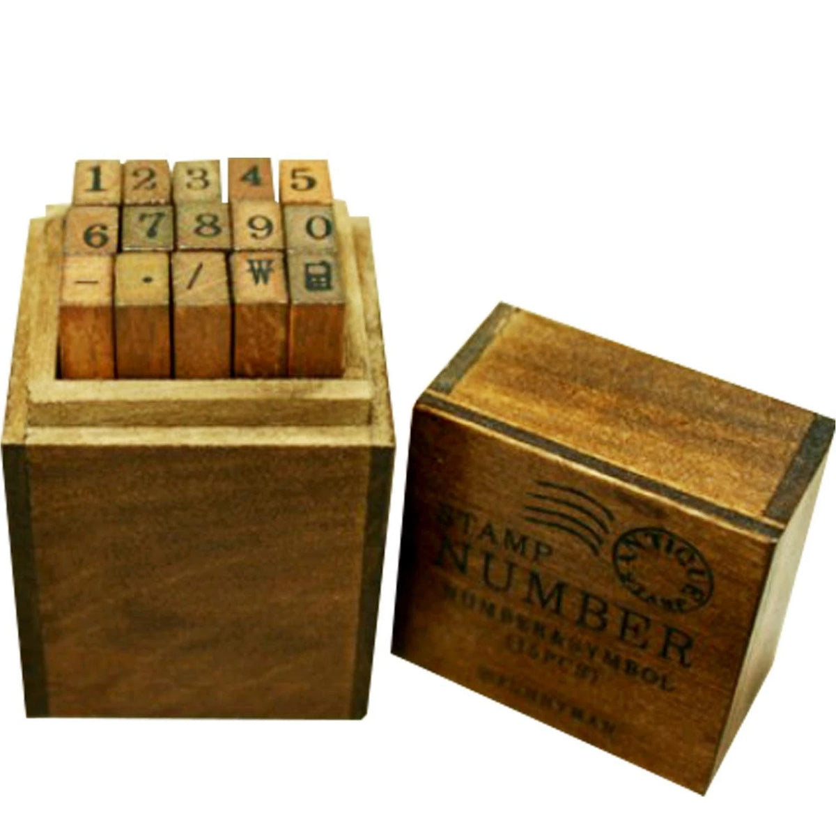 15 Mini Rubber Stamps Set in Compact Wooden Box for Crafting