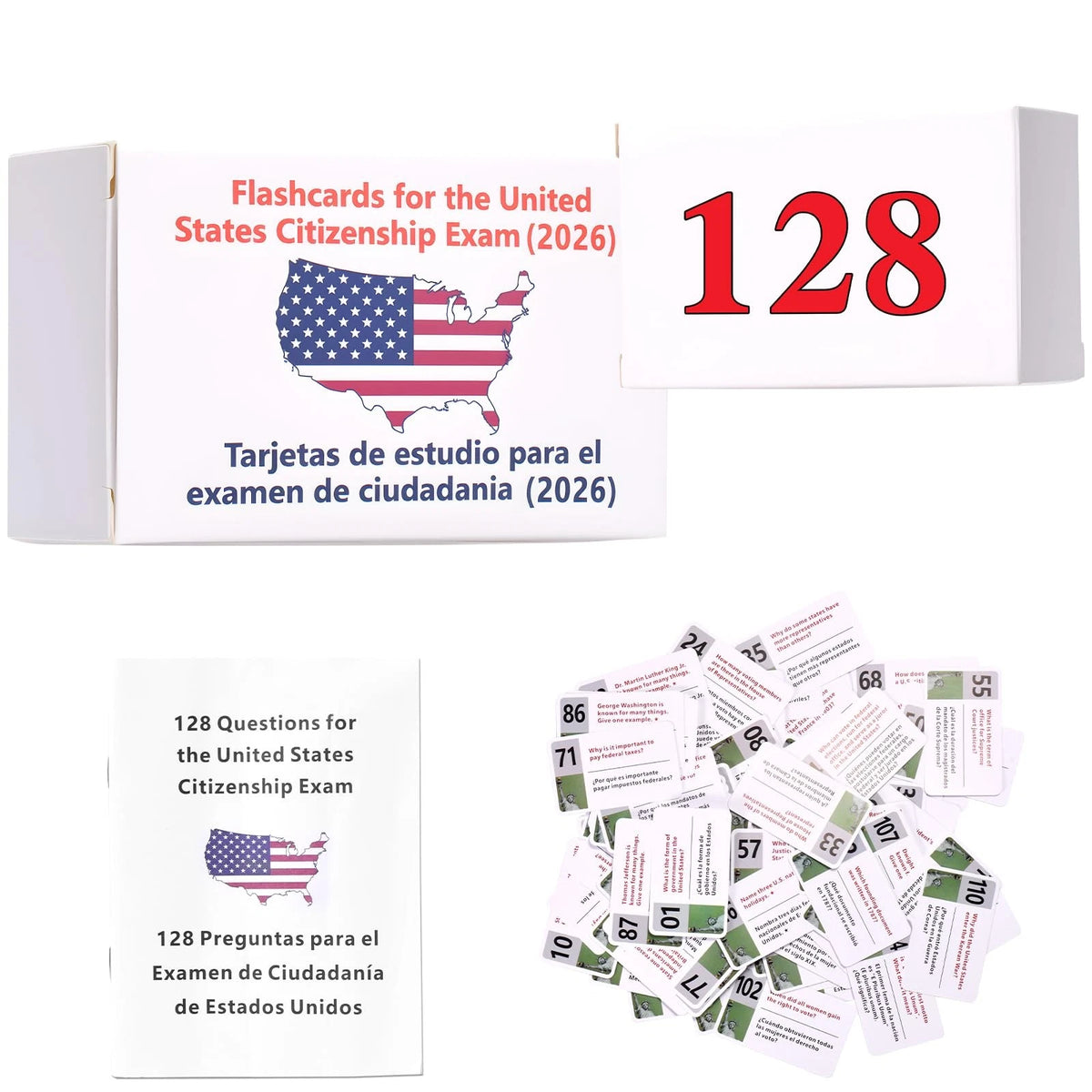 128 Official USCIS Citizenship Flash Cards 5.9"x2" (2026)
