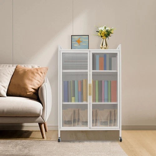 4-Tier Media Storage Cabinet with Adjustable Shelves and Universal Wheels