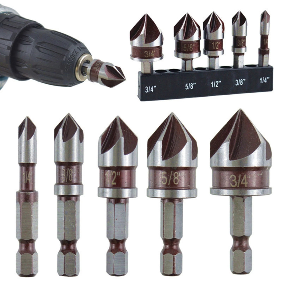 5pc Chamfer Drill Set 82° Cobalt HSS 5-Flute Bits 1/4"-3/4" for Metal/Wood
