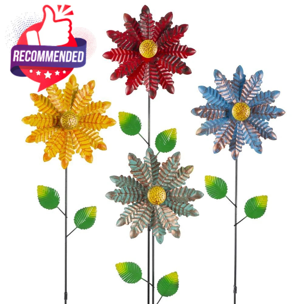 Set of 4 Metal Flower Wind Spinners for Garden Yard Art