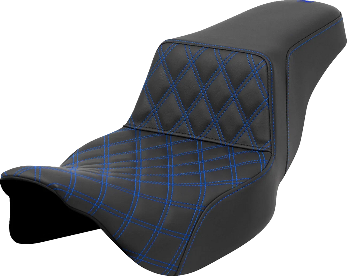 SADDLEMEN Step-Up Seat for Harley Davidson (2014–2023) - Blue Stitch, Extended Reach