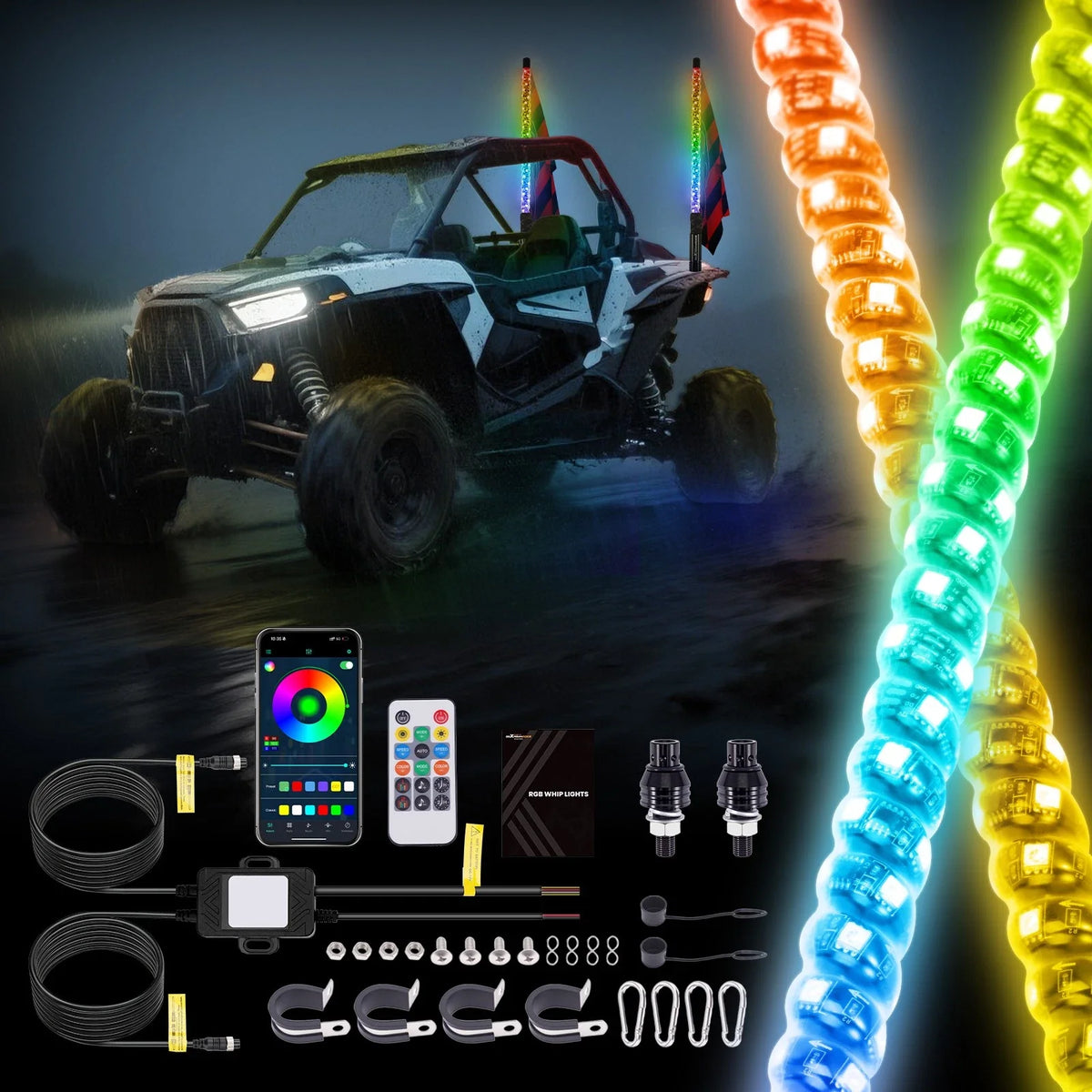 2pc 2ft RGB LED Whip Light Antenna Flag & Remote for Polaris RZR, Can Am