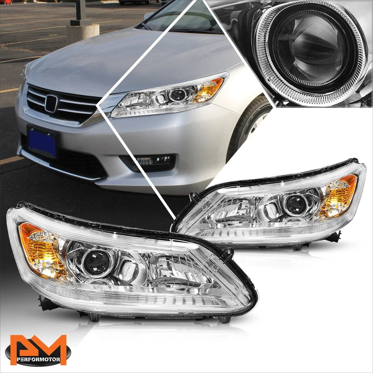 Projector Headlight Pair for Honda Accord (2013–2015) Chrome Housing Amber Corner
