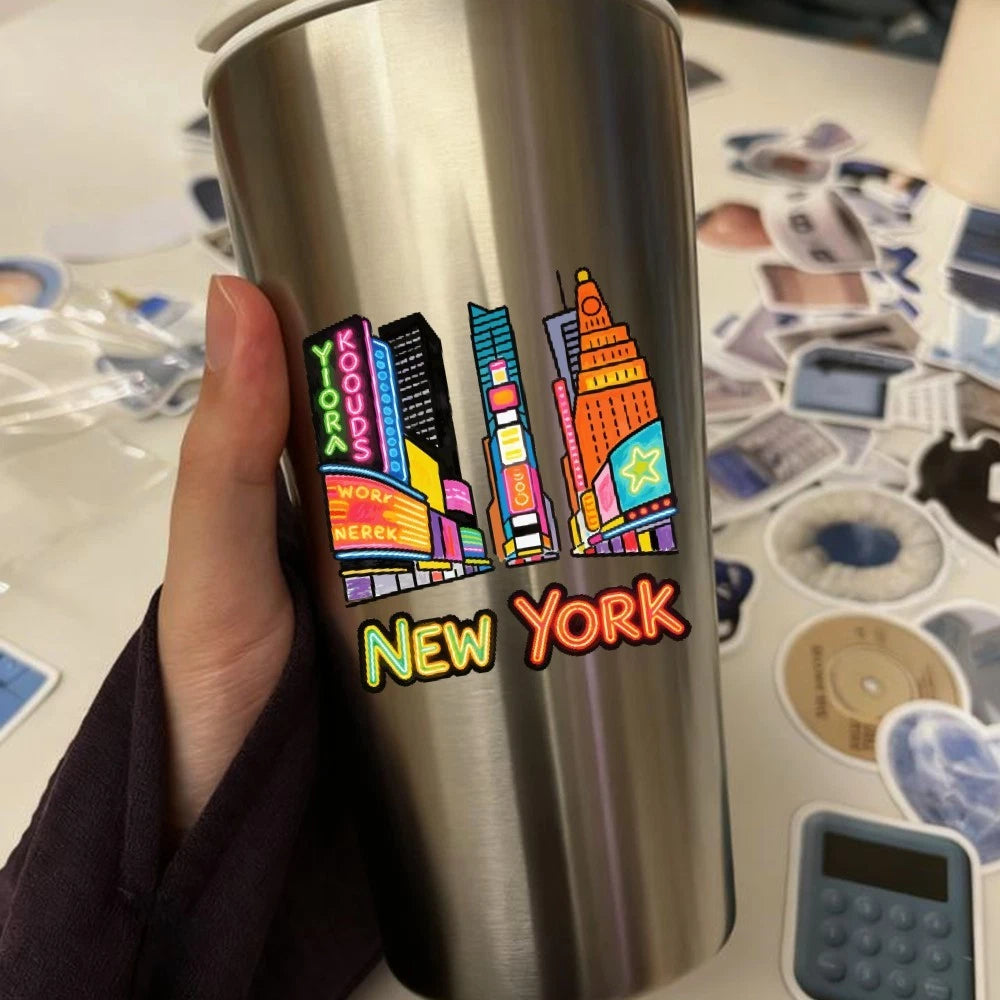 Customizable NYC Neon Skyline Vinyl Sticker for Laptop Car