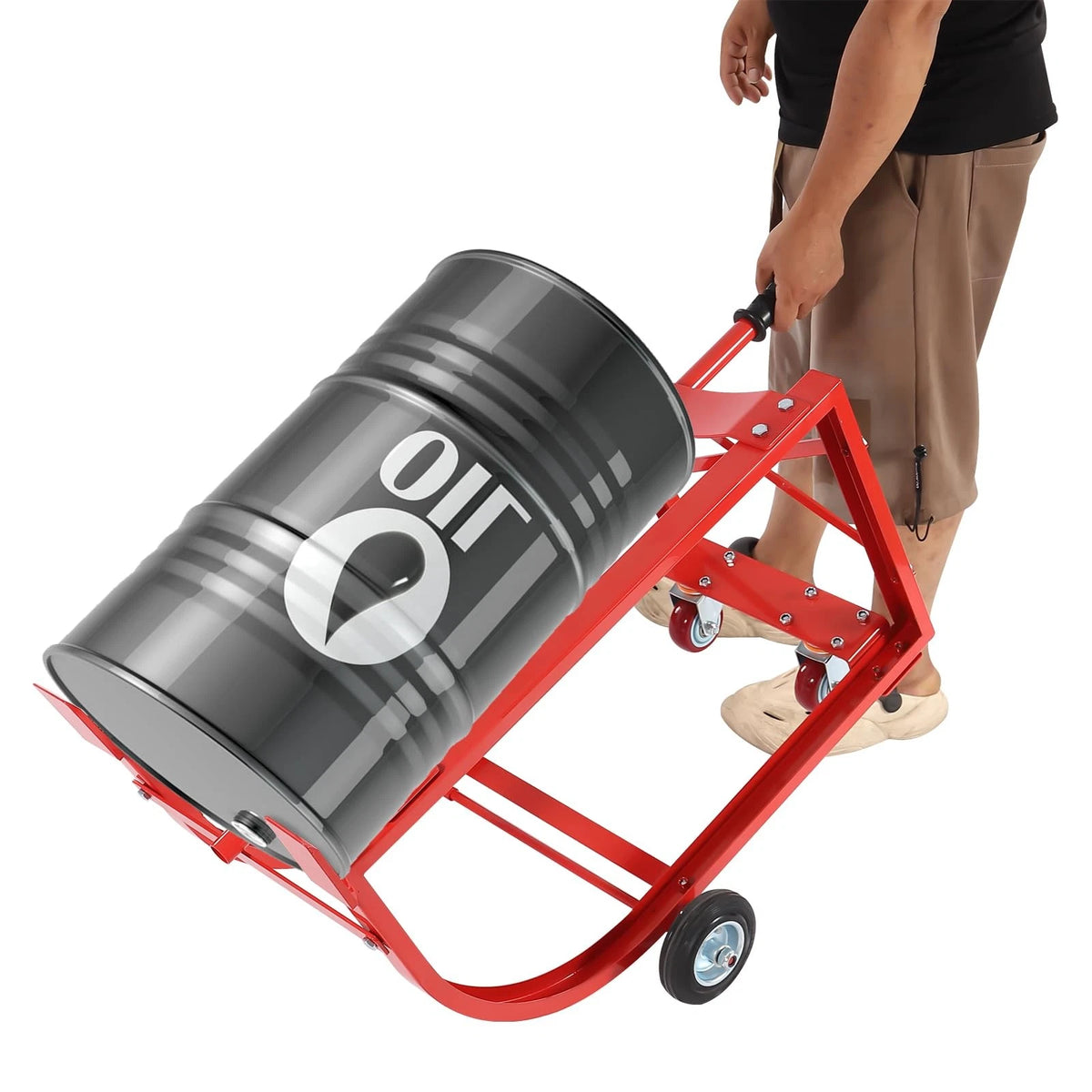Drum Cradle with 4 Wheels for Workshop & Factory (55Gal, 600lbs, Red)