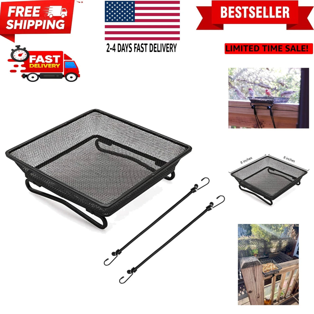 8" x 8" Railing Bird Feeder Tray for Balcony/Deck/Porch
