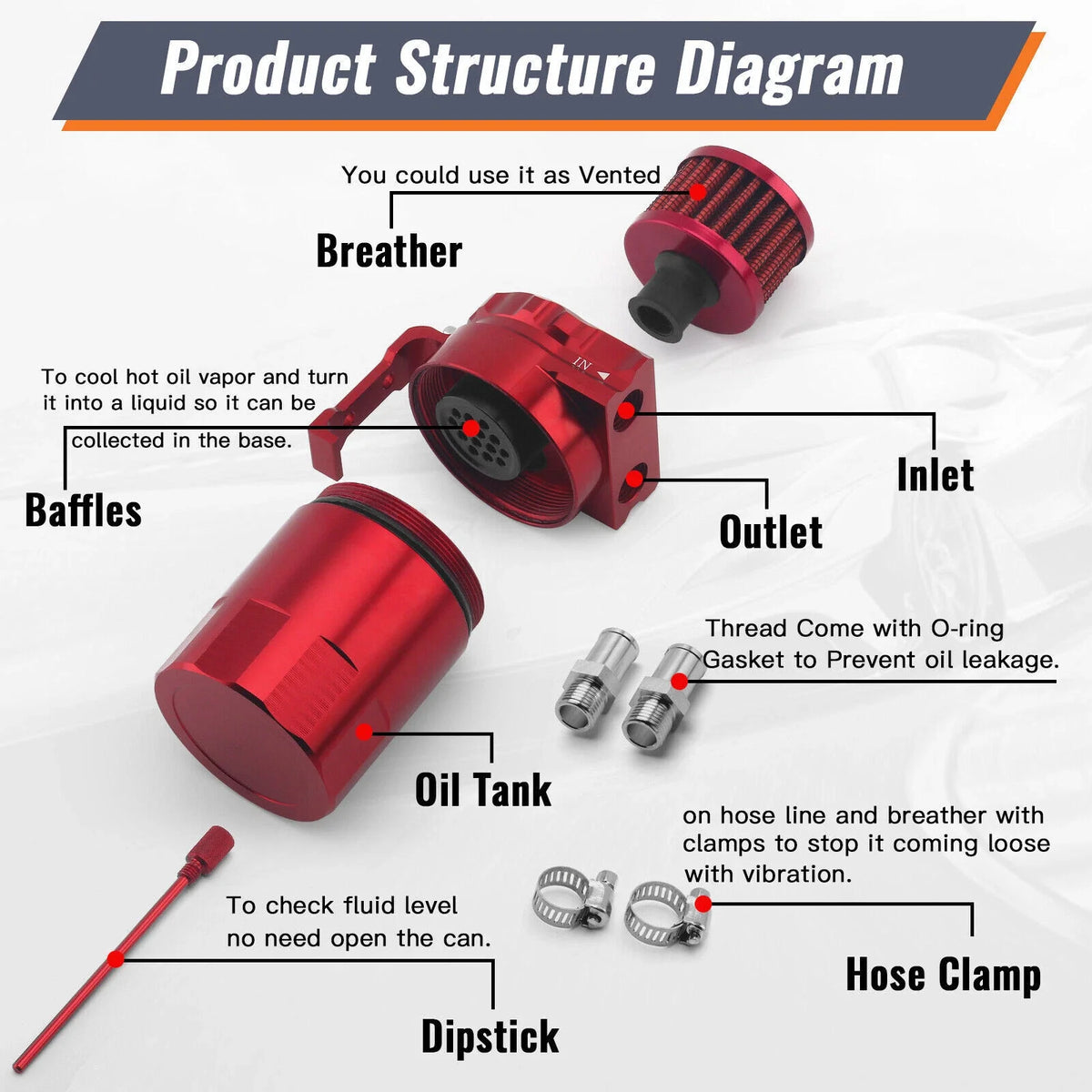 Oil Catch Can Kit for Universal Vehicles - Red Baffled Aluminum Tank