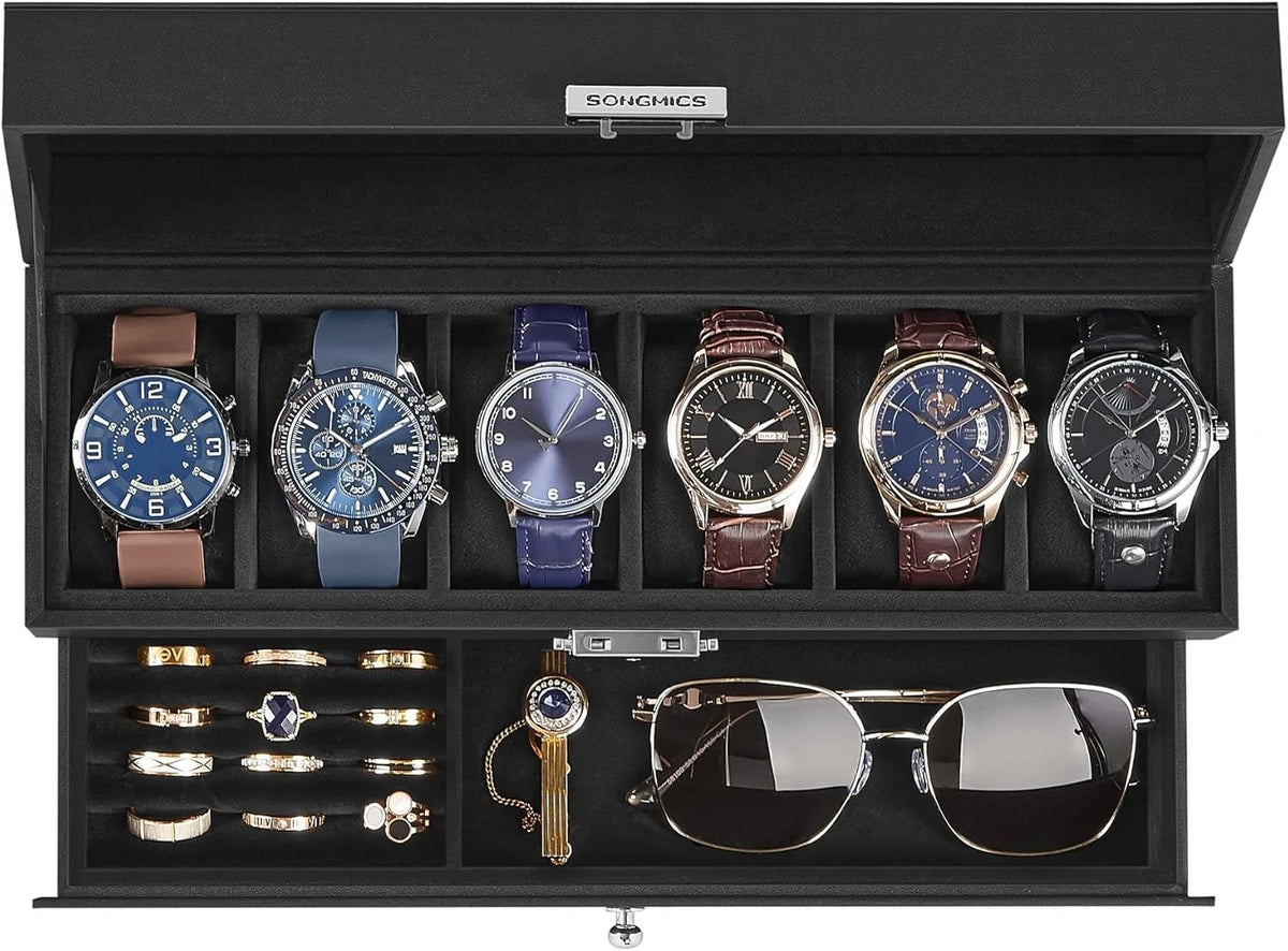 6-Slot Watch Box for Watches (Lockable, Glass Lid, 2 Layers, 1 Drawer)