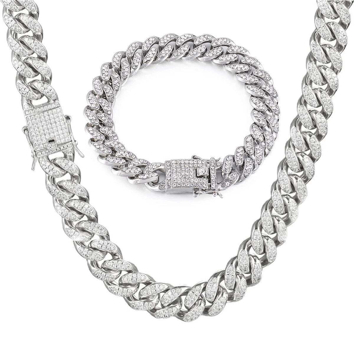 2X Cuban Link Chain Necklace & Bracelet for Men - Silver 20IN