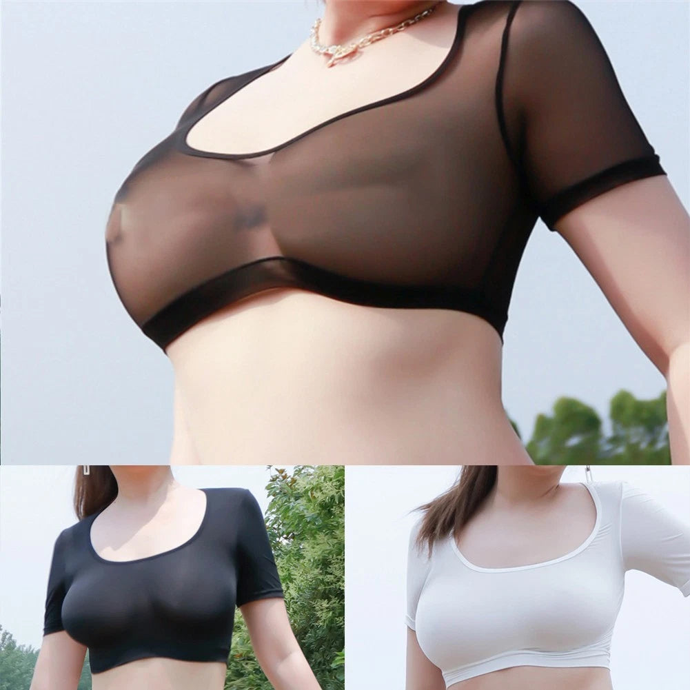 Women's Ice Silk Mesh Sheer Crop Top T Shirt Blouse