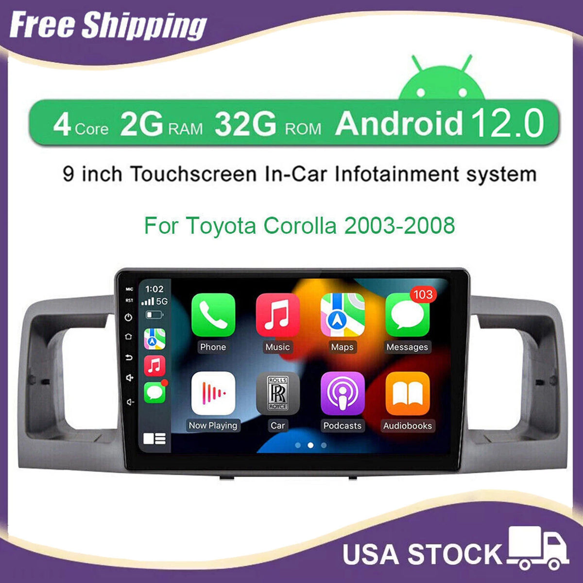 9" Android 12 CarPlay Car Stereo for Toyota Corolla (2003–2008)