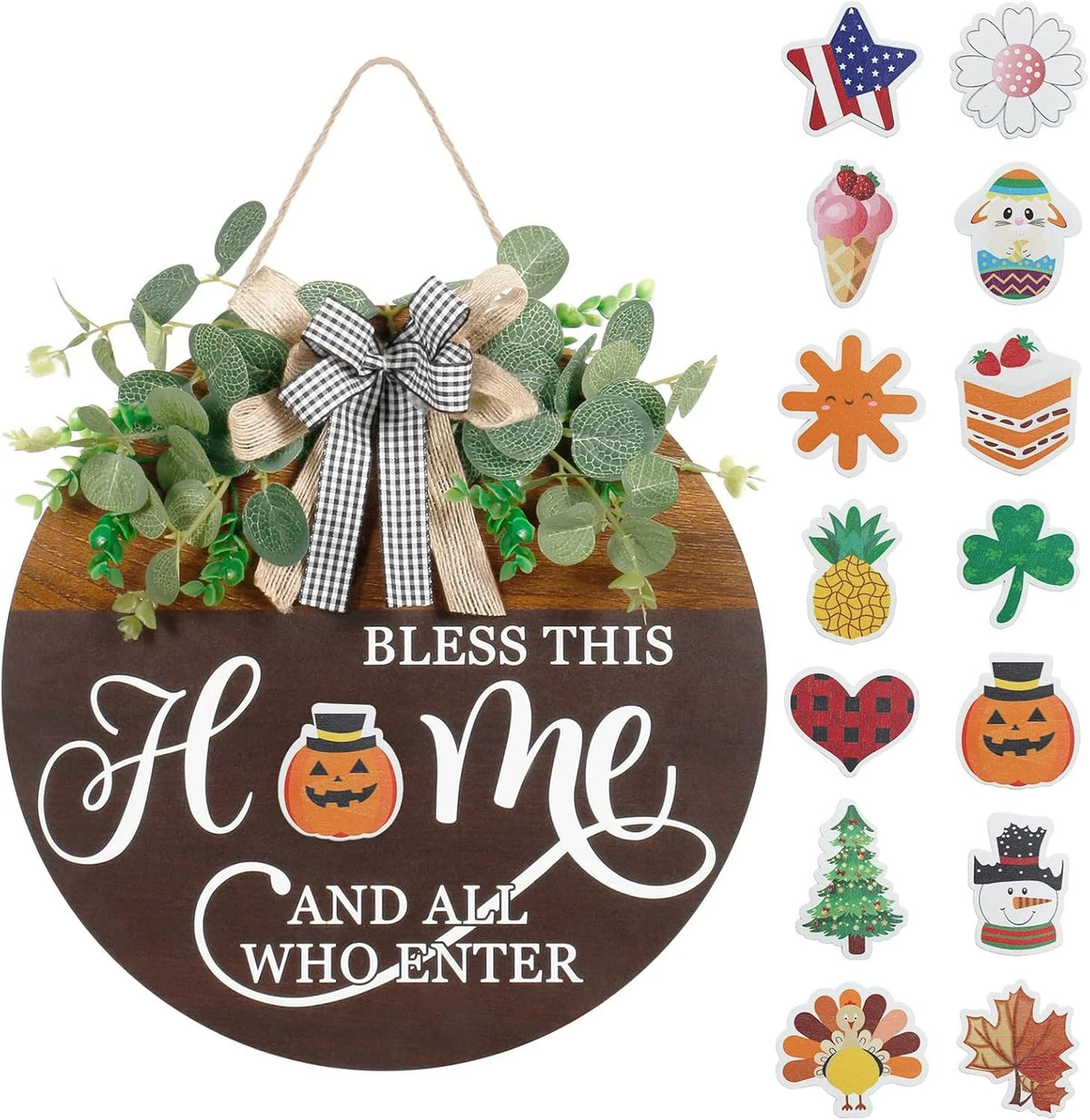 Interchangeable Seasonal Welcome Sign for Front Door, Rustic Round Wood