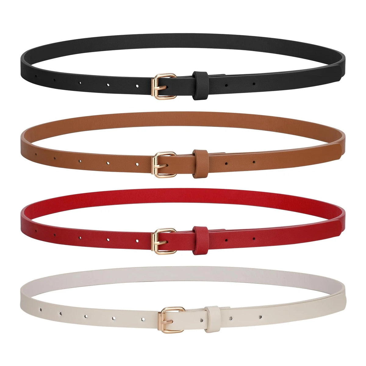 Set of 4 Women's Thin Leather Belts with Gold Buckle for Jeans Dresses