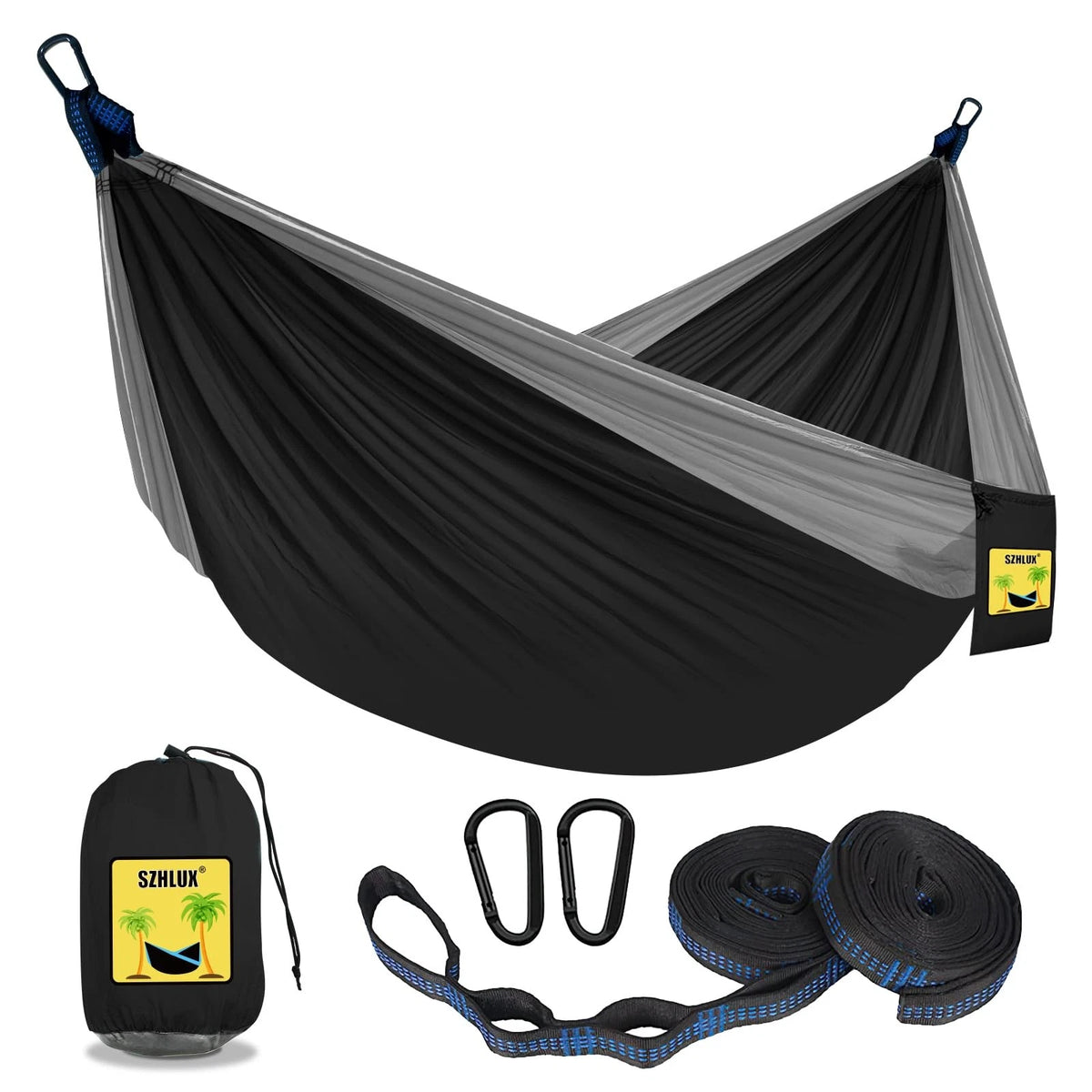 Camping Hammock Double Portable Outdoor Gear 500LB with 2 Straps - Black