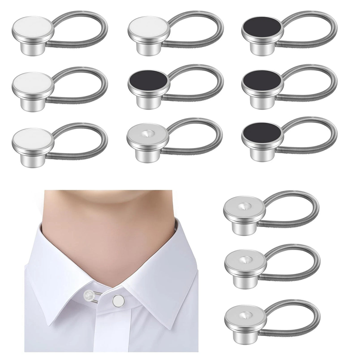 12 PCS Shirt Collar Button Extenders 0.4-0.43 inches, Black, White, Gray