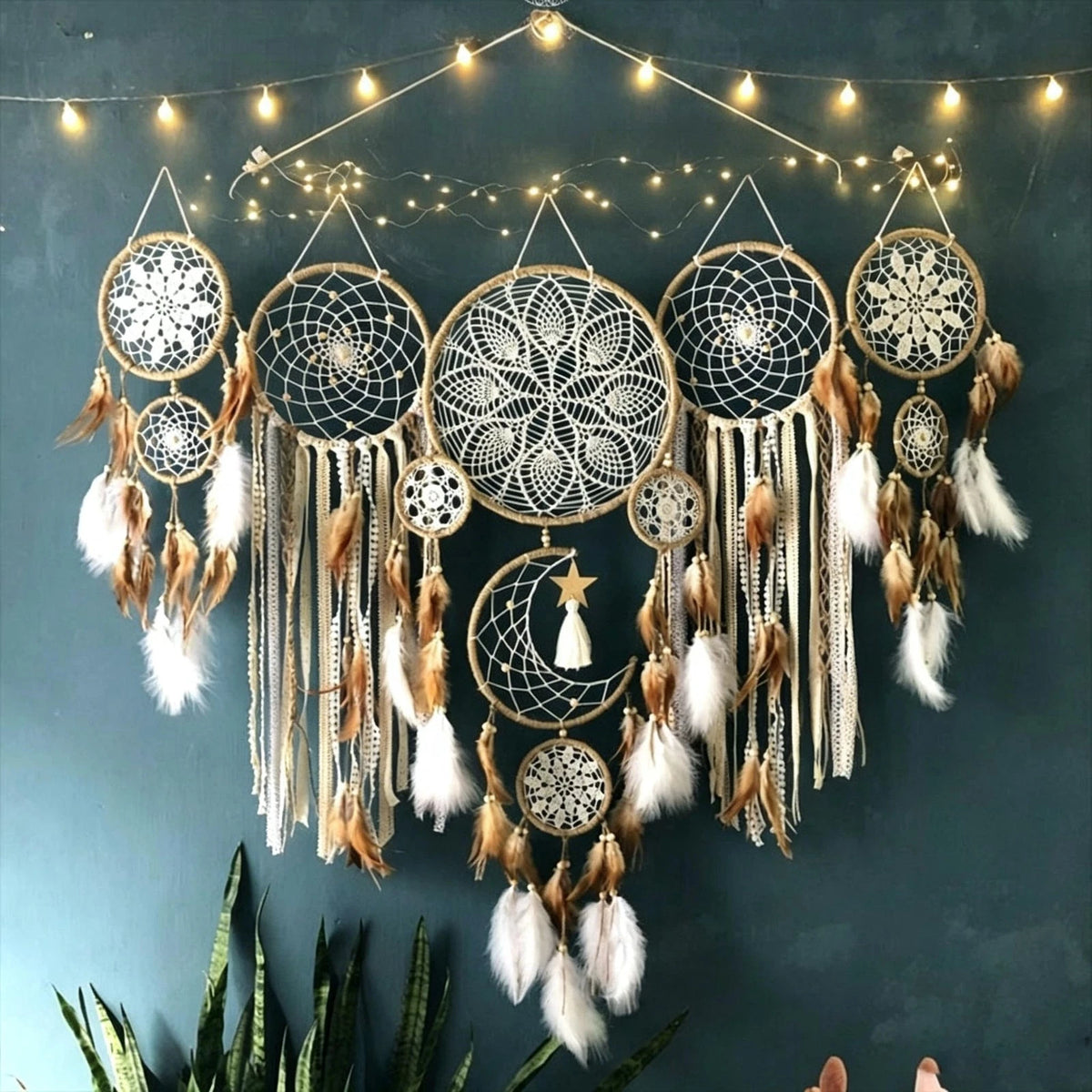 Set of 5 Boho Large Moon Dream Catcher Wall Hanging