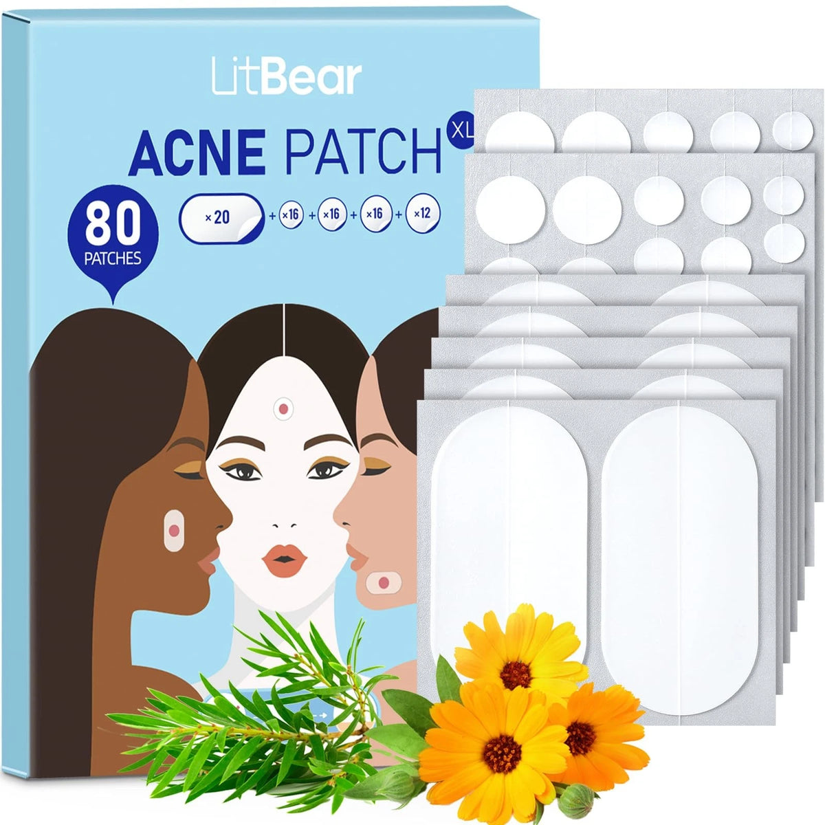 80 Count Large Acne Pimple Patches - 5 Sizes, Transparent