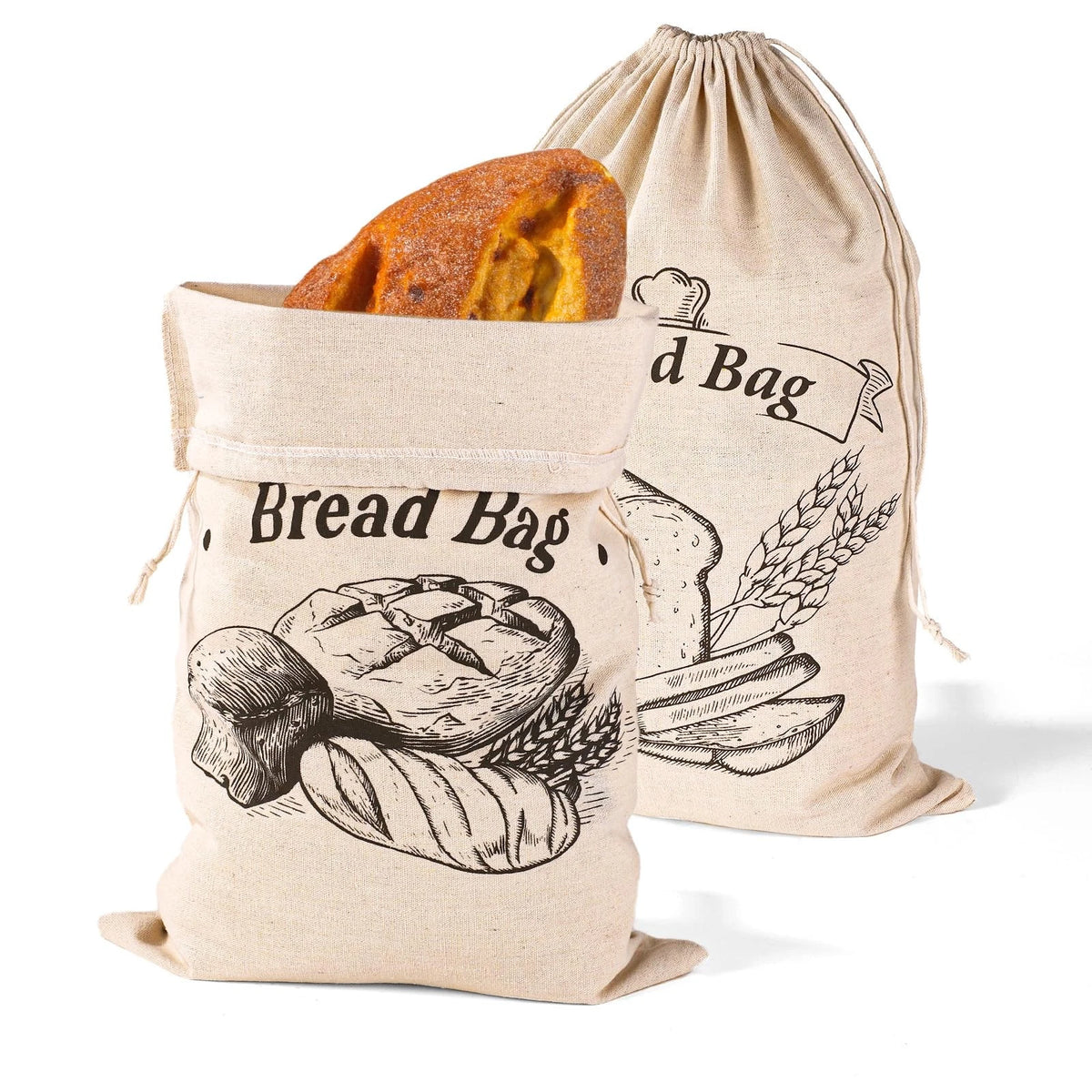 Set of 2 Reusable Beige Bread Bags for Organic Cotton (17.8x11.8 Inch)