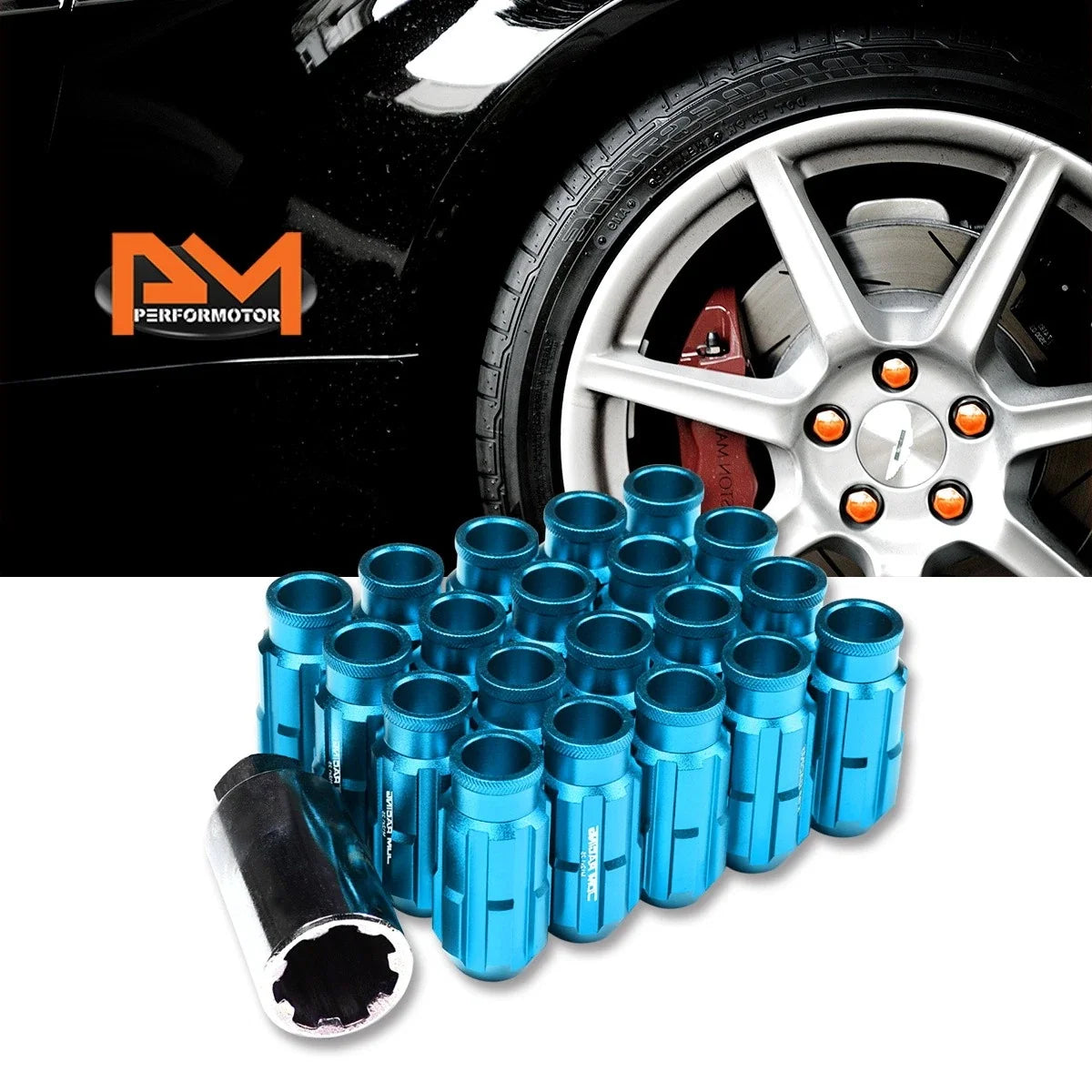 20Pc M12X1.25 Sky Blue JDM Open End Bulge Spline Lug Nuts + Lock Key
