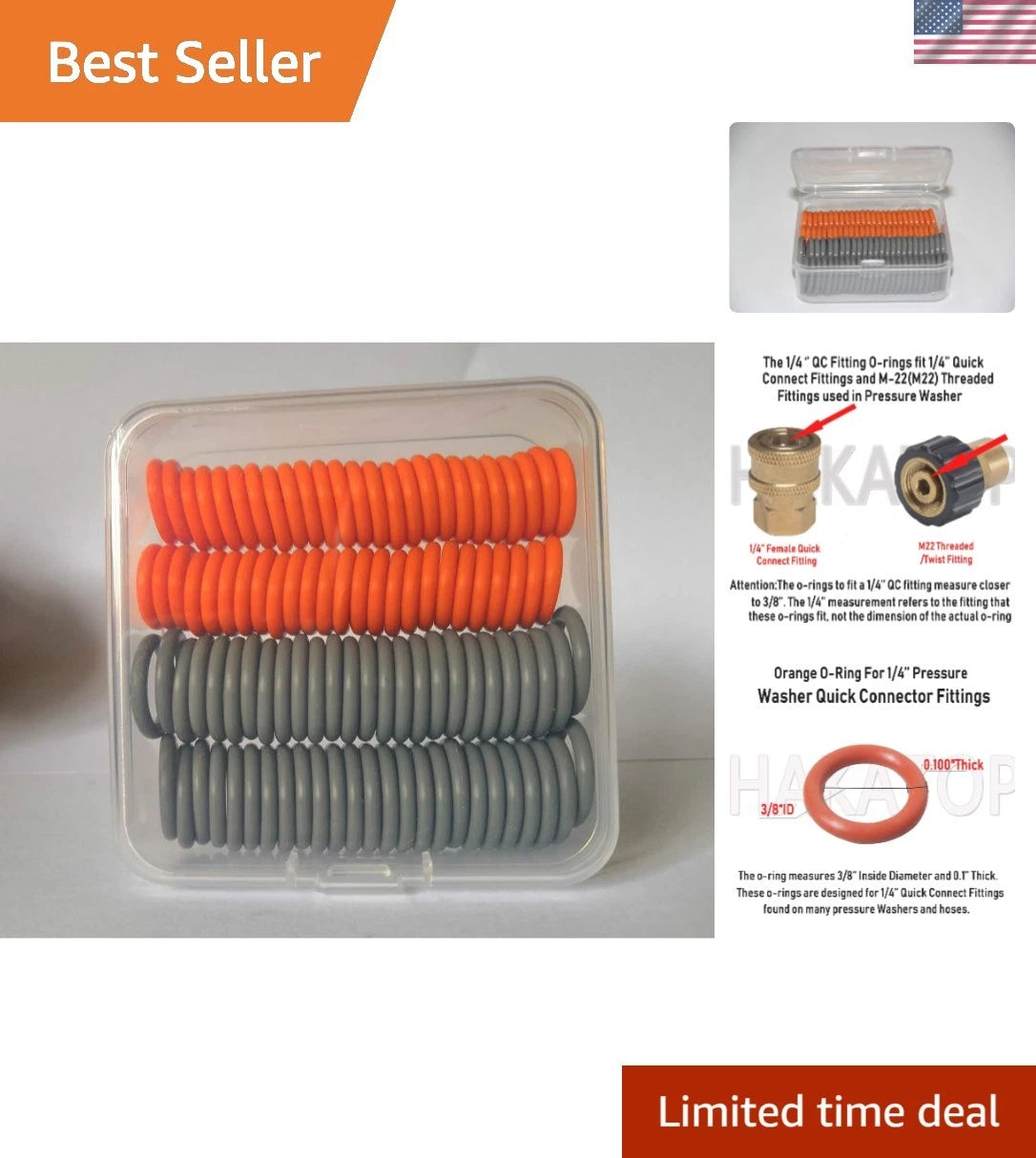 100-Pack O-Ring Seal Kits for Pressure Washer Couplers 1/4'' & 3/8''