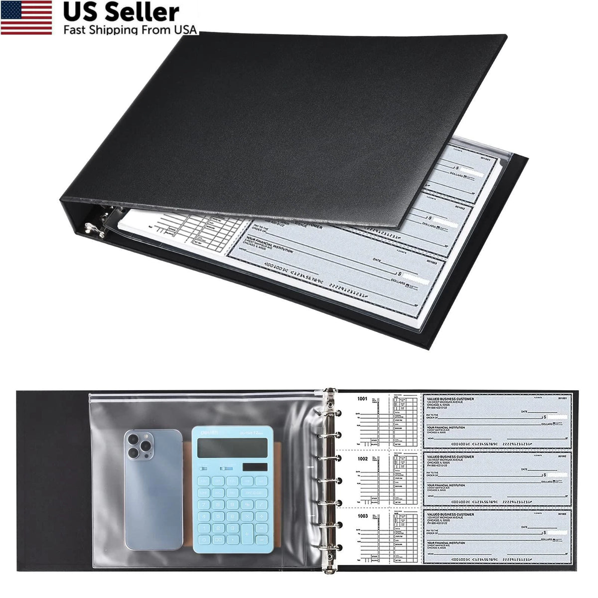 7 Ring Check Binder for Business (14in x 9.75in) - Black
