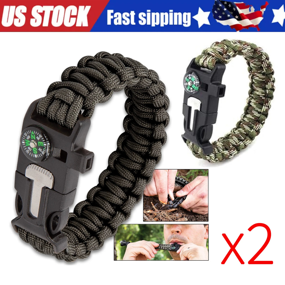 2X Waterproof Paracord Bracelet Survival Kit with Knife