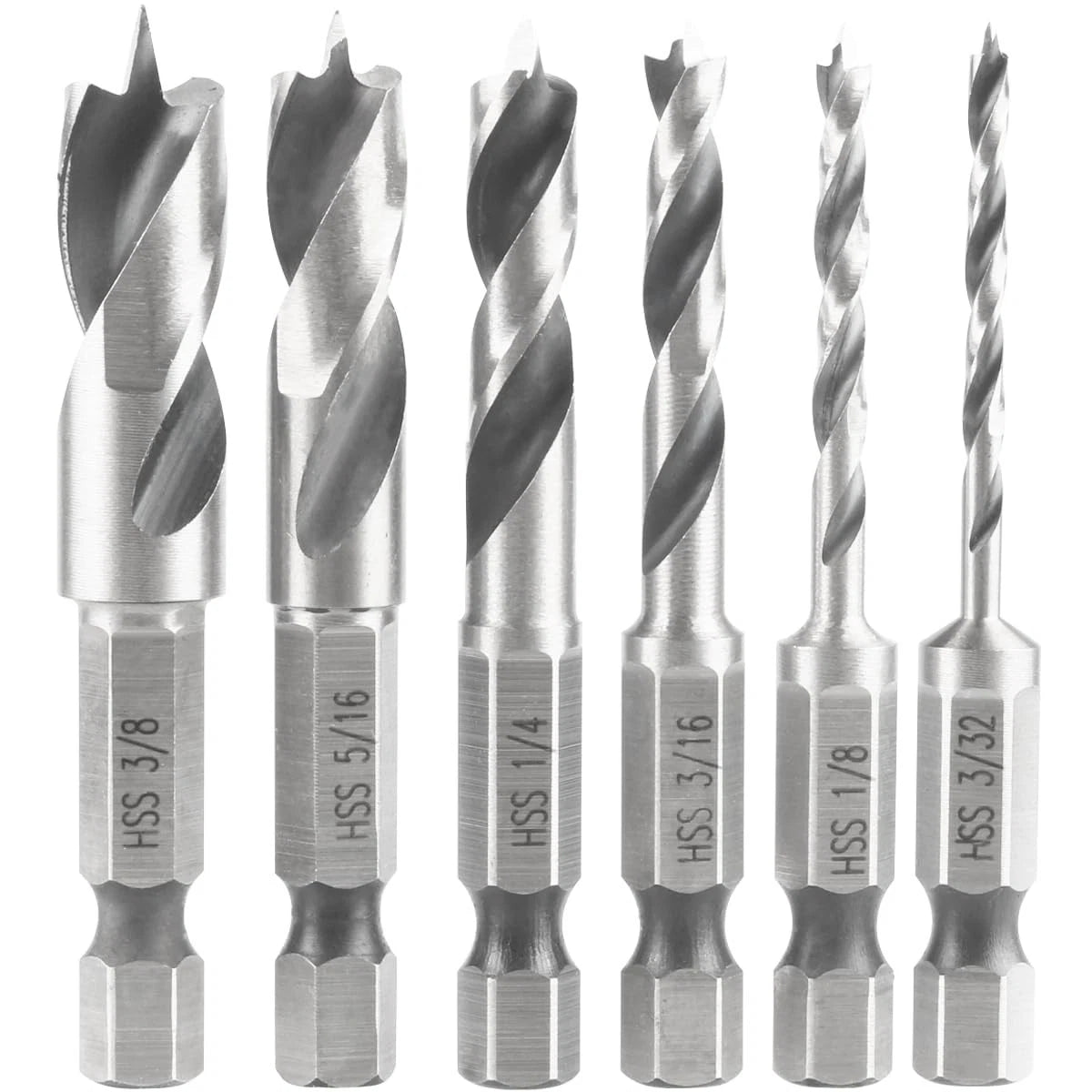 Set of 6 Brad Point Drill Bits 3/32 to 3/8 Inches