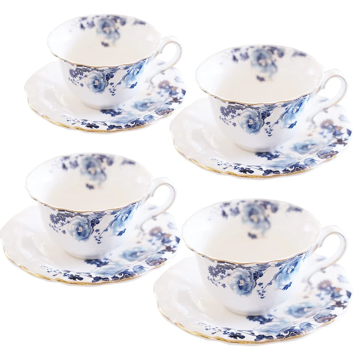Set of 6 Ceramic Tea Cups and Saucers for Coffee - Blue White