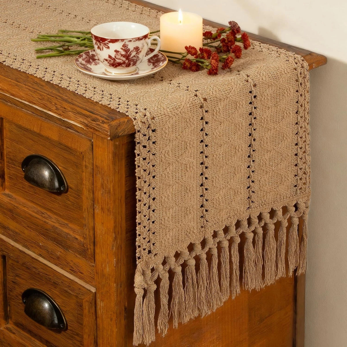Burlap Boho Table Runner with Tassels for Coffee Table (72 Inches)