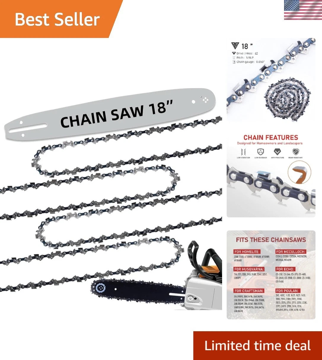 18" Semi-Chisel Chainsaw Kit with 62 Drive Links for Fast Installation