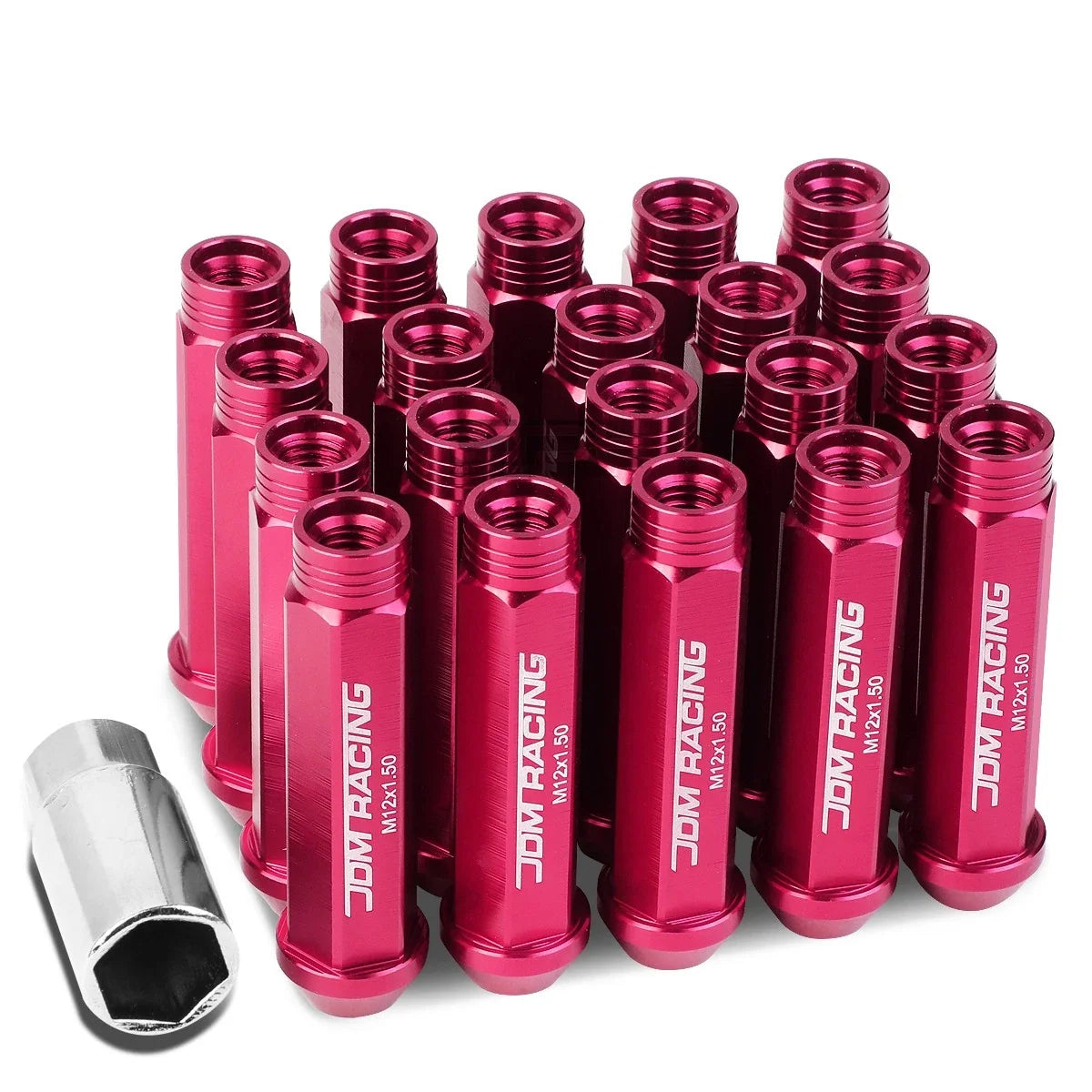 20 PCS Open End M12x1.5 90mm Tall Pink Aluminum Lug Nuts + Adapter