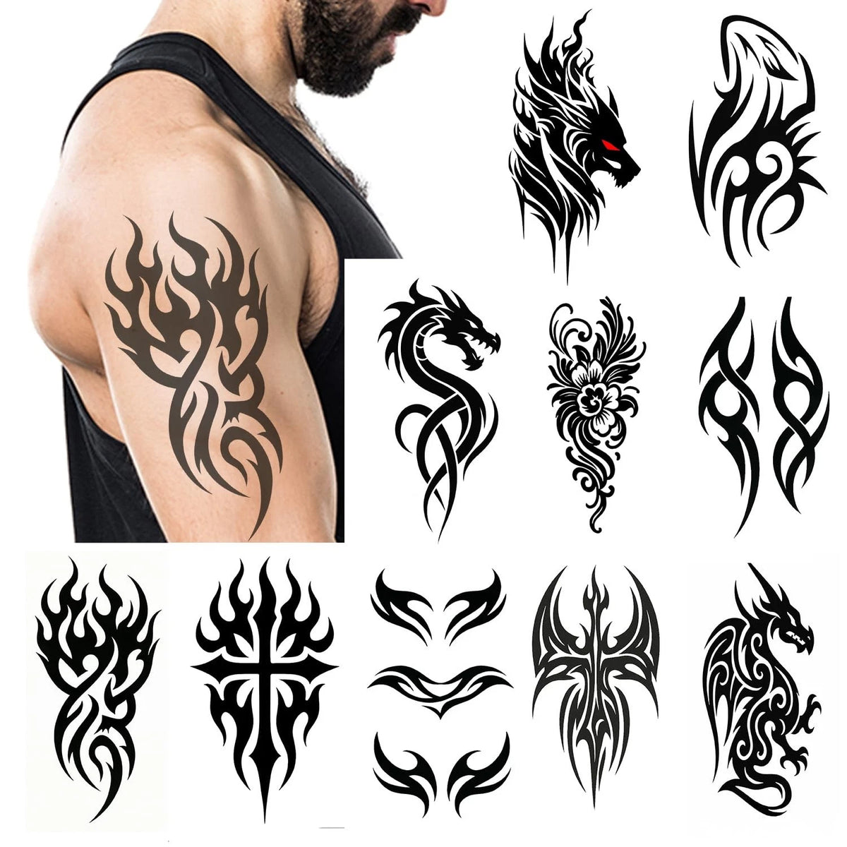10 Sheets Large Tribal Temporary Tattoos for Men & Women