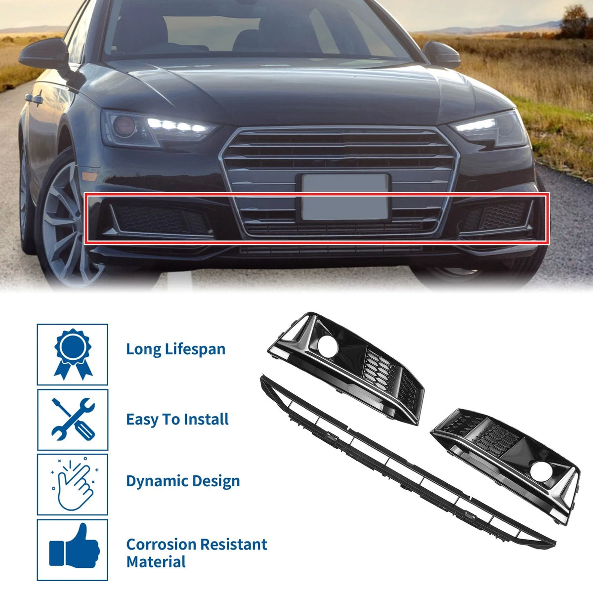 Front Lower Bumper Grille for Audi A4 B9 (2016–2018) Black, No Hole