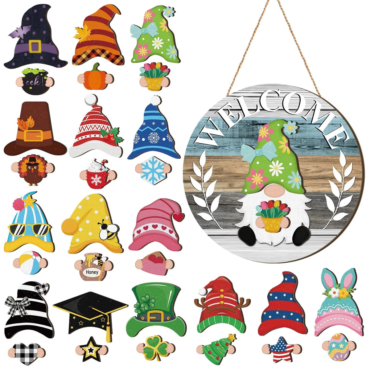 Seasonal Interchangeable Wooden Gnome Decor for Summer & Christmas