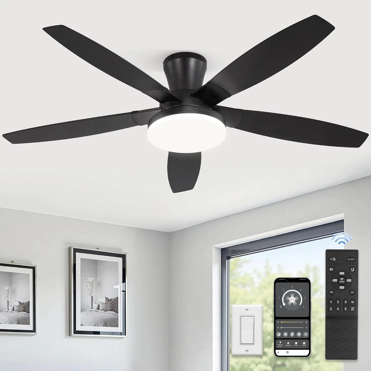 52 Inch Black Ceiling Fan with Lights for Low Profile Installation